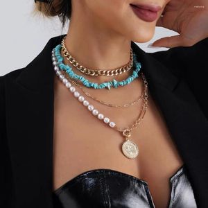 Pendant Necklaces Elegant Pearl Beaded Jewelry Boho Layered Turquoise Necklace Set With Paperclip Metal Chain Circle Choker For Women