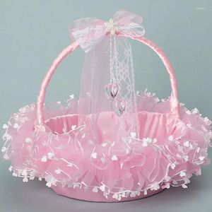 Decorative Flowers Flower Girl Basket For Wedding Small Satin Wrapped Baskets With Lace And Clear Heart Pendant Decoration White Pink