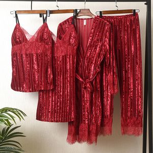 Pijama listrado de veludo Set Women Lace 4pcs Sleepwear Lowe Sexy Vobe Velvet Pijamas Terno Feminino Kimono vestido de vestido de lounge