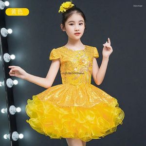 Scene Wear Flower Girl Weddings Ball klänning Kort tävling Sekvensinerad blommor Girls Dress for Kids Yellow Party Dresses