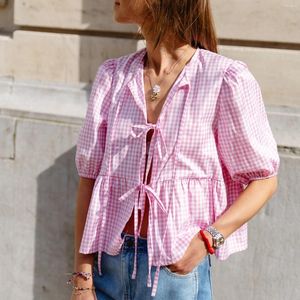 Women's Blouses Summer Women Plaid Shirts Short Sleeve Tie-up Loose Blouse Tops Streetwear Outfits Aesthetic 2024 Trendy Lady Shirt