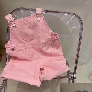 Trousers Summer 2024 Suspender Knee Length Loose Straight Pink Cotton Solid Clean Sweet Fashion Unique Casual Designable Girls Drop De Otwhu