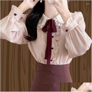 Damenblusen Hemden süße Retro -Vintage Rüschen Fliege Binde Ribbon Tops Flhjlwoc Basic Elegante Arbeit formelle Single Breasted Button White P otii