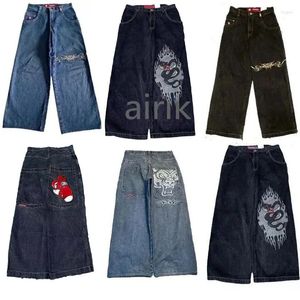 Mens Jnco Jean Streetwear Y2K Hip Hop Cartoon Graphic Print Vintage Baggy Black Pants Män kvinnor Hög midja breda benbyxor