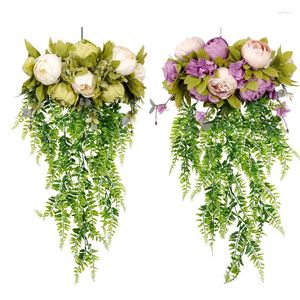 Flores decorativas ROSE PEONY PEONY VINIA VINA PERSUS Folhas penduradas penduradas plantas falsas de casamento de natal guirlanda caseira decoração da porta