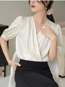 Women's Blouses 2024 Summer Elegant OL V-neck Puff Short Sleeve Satin Shirt For Women Casual Ruched Blouse Versatile Top