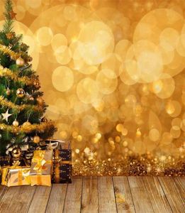Złote kropki bokeh świąteczne Pography tła wydrukowane drzewo Xmas z gwiazdami kulki pudełka prezentowe Nowy rok PO Wood9277141840096