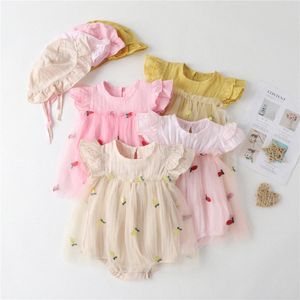 Baby Rompers barnkläder Spädbarn Jumpsuit Summer Thin Newborn Kid Clothing With Hat Pink Gul Nesh Plaid Triangel Climbing Suit A3JM#