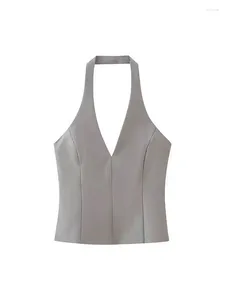 Kvinntankar 2024 Spring Elegant Halter Top Rygglöst ärmlös Chic kvinnlig kontrast Färg Retro Solid Gray Short Vest