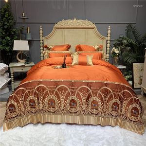 Sängkläder sätter lyxig orange 1000tc egyptisk bomullshäst spetsar uppsättning hög precision silkeskabel täckning sängöverdrag lakan kuddar