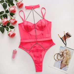 Women Mesh Bodysuits Metal Chain Transparent Ultrathin Sensual Adjustable Strappy Teddy See Through Jumpsuits Erotic Costumes