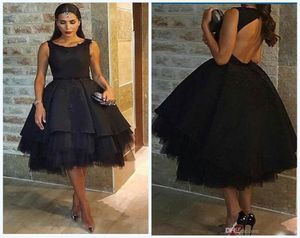 Classic Arabic Black Prom Dresses Beaded Satin Tulle Petticoat Prom Ball Gowns Knee Length Hollow Back Sexy Party Dresses Evening 5735202