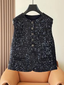 Kvinnors västar 2024 Spring Korean Style Fashion High Quality Sequins Tweed Waistcoat Vest Tops C878