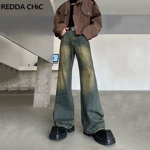 Reddachic Blue Wash Whiskers Flare Jeans Män breda benstödbyxor Ejressade Pintuck Casual Hip-Hop Trousers Vintage Clothes