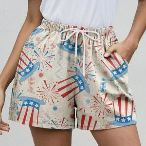 Kadın Şortu Bağımsızlık Günü Kadınlar Amerikan Bayrak Desenleri Günlük Drawstring Elastik Bel Kısa Pantolon Pijama