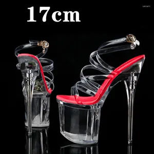 Kleiderschuhe Stripper Heels Frauen Sandal weibliche Model T Station Laufsteg sexy Kristall transparent hohe wasserdichte Kopfsandalen