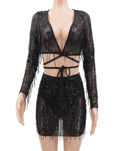 Tvådelt klänning svart mesh ren v halsuppsättningar sexig paljett mini tassel kläder band band fest nattklubb klänningar2933198