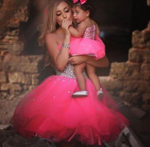 New Arrival Short Pink Prom Dress With Crystal Top Vestido De Festa Pretty Tulle Mother Daughter Dresses Fast 8987355