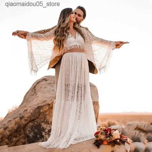 Moderskapsklänningar boho maxi spetsklänning gravida kvinnor fotografering prop fotografering bohemian strand bröllop land golvlängd kvinnor kläder q240413