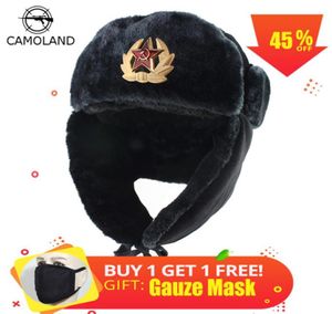 Sovjetisk armé militärmärke Ryssland Ushanka Bomber Hats Pilot Trapper Trooper Hat Winter Faux Rabbit pälar Earflap Men Snow Caps D19016839148