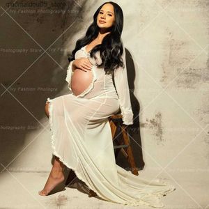 Maternity Dresses Pregnant womens dress photo shoot sexy transparent pleated pregnant womans belly hollow long sleeved baby shower dress Q240413