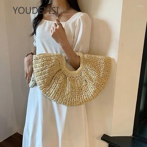 Drawstring YOUDEYISI All-match Design Women's Bag: Literary Fan Fan-shaped Woven Beach Vacation Portable Straw Bag