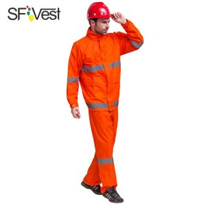 Pants Fluorescent orange Safety Raingear Hi Vis Rainsuit Waterproof Hooded Parka & Pants with reflective tape free shipping