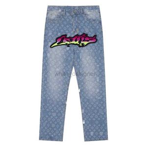 Av högkvalitativ mäns jeans designer kvinnor jeans gradient graffiti tryckt låga jeans tryckt lapptäcke blossed jeans broderade smala passform high street byxor