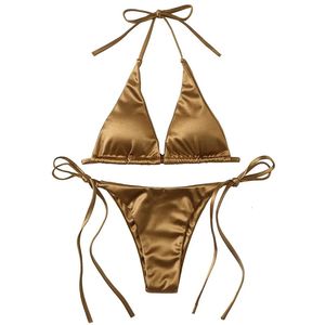 Sexy Damen Metallic Neckholder Top zwei Stück Badeanzug Binde Triangle Bikini Sommer solider Badeanzug Strandkleidung Set 240408