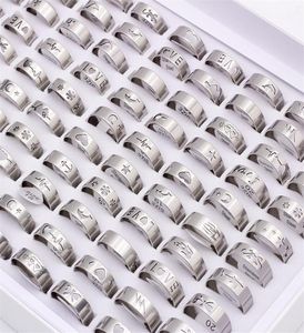 100 pcs Fashion hollow silver color Stainless steel Band rings for men womens mix animal love jesus etc style size 17mm to 21mm3568312983