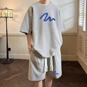 メンズトラックスーツアクティブウェアTシャツショーツセット夏のカジュアルアウトフィットOネック半袖弾性ドローストリングウエスト