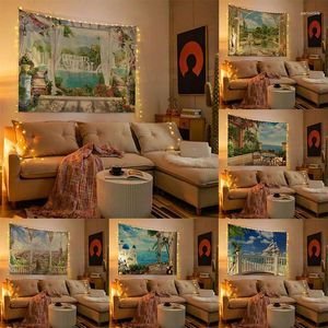 Tapestries 3D Sea Open Window Curtains View Scenery Landscape Wall Tapestry Living Room Home Bedroom Seaside Background Decor Cloth