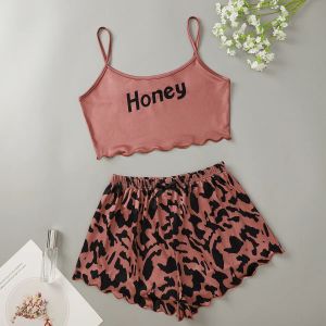 Shorts New Women's Honey Letter Printed Hanging Pajamas and Leopard Print Bow Decorative Shorts Set