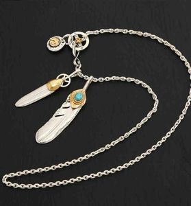 Ожерелья 925 Серебряные ювелирные изделия Takahashi Goro Перо ретро Длинная цепь Голубая бирюзовая подвеска для мужчин и женских ожерелья2248131987