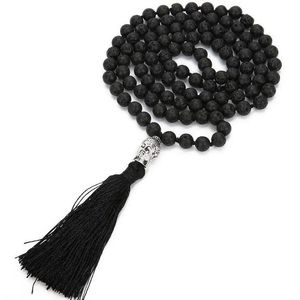 Bärade halsband Boho Lava Rock Long Tassel Necklace Diffuser Essential Oil Black Natural Stone Buddha Pärlor Tröja Kedja för kvinnor F DHCIK