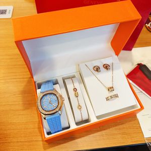 Luxury Women 5 Sets Watch Necklace Bracelet Earring Ring with gift box rubber strap Designer Watches womens Wristwatches For lady Christmas Valentine's Day Presend