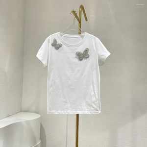 Women's T Shirts 2024 White Short Sleeve Sequined Butterfly T-shirt