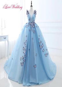 Cheap Real Picture Lace up Sexy V Neck Prom Dresses 2018 Butterfly Party Gowns Formal Floor Length Ball Gown Dresses Party Evening8296724