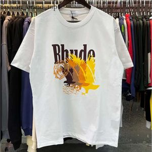 RHUDEシャツ城ココナッツツリーウィンドウシーニックカジュアルルーズメンズTシャツ通気性短袖Tシャツ男性女性カップルトップ4098