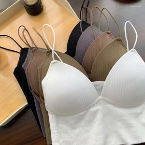 Camisoles & Tanks Women Seamless Crop Top Underwear Wire-Free V-Shaped Camisole Thin Straps Striped Solid Bralette Lingerie One-Piece Tube