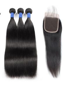 2021 Silky Straight Peruvian 10A Brazilian Human Hair Bundles With Lace Closure 3Bundles 828inch Indian Hair Extensions Weft for 57517003