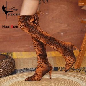 Boots Women's Winter Warm Over The Knee Long Pointed Toe Model Shoes Nightclub Leopard High Heels Thigh Elastic