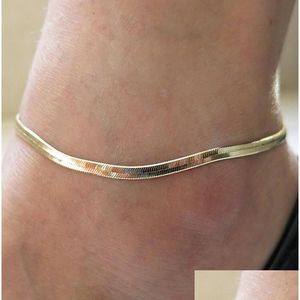 Anklets New Fine Sier / Gold Plated Adjustable Flat Snake Chain Anklet Bracelet Women Simple Delicate Foot Summer Beach Feet Jewelry Dhg5Q