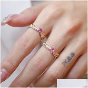 Cluster Rings Unice Vintage Real 18K Solid Yellow Gold Au750 Jewelry Natural Diamonds Heart Shape Pink Sapphire 0.45S For Women Drop D Dhv6V