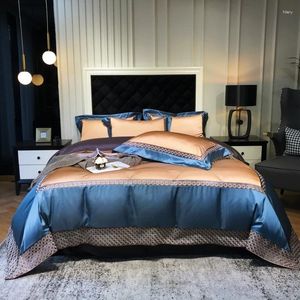 Bettwäsche Sets Luxus braun blaues Satin Seiden Ägyptischer Baumwoll Stickerei