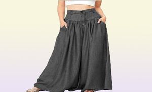 Byxor kvinnor hög midja långa harembyxor fickor lös veckad denim blå bredben byxor fest palazzo plus size77696286727105