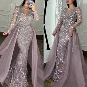 Vestidos de noite de sereia de cristal roxo elegantes com trem destacável v pescoço de mangas compridas com miçangas vestidos de baile de banheiro vestidos formais muçulmanos para mulheres