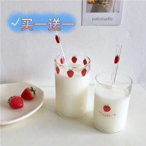 Mugs Korean Girls' Hearts Fruits Strawberries Glass Cups Milk Straw Printed Heat-resistant Water