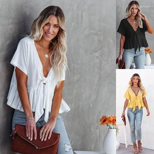 Women's T Shirts 2024 Summer Solid Color Patchwork Loose Short Sleeve Lace-up Round Neck Ruffle Top Wear