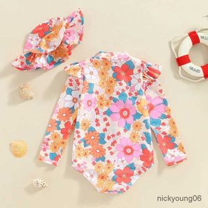 Endelar Ewodos 0-3 år Småbarn Baby Girls Summer Swimsuit Kids Badkläder Casual Long Sleeve Floral Print Beachwear Bathing Suit + Hat